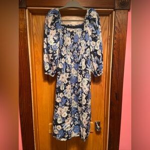 J.Crew Linen Daydream Midi Dress Zinnia Floral Blue Small BG480 Puff Sleeve S